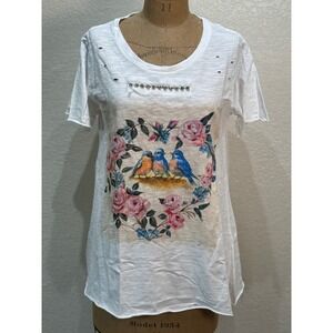 A Rare Bird Womens White Distressed Bird Floral Graphic Tee Rhinestones S/M NWT